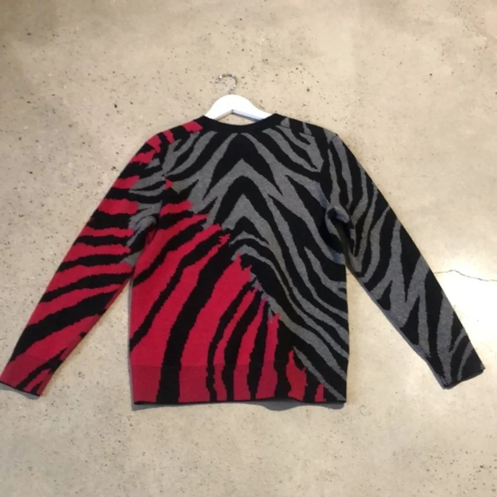 Rag & Bone Black and Pink Cashmere Zebra Crew Pullover - Picture 3 of 9